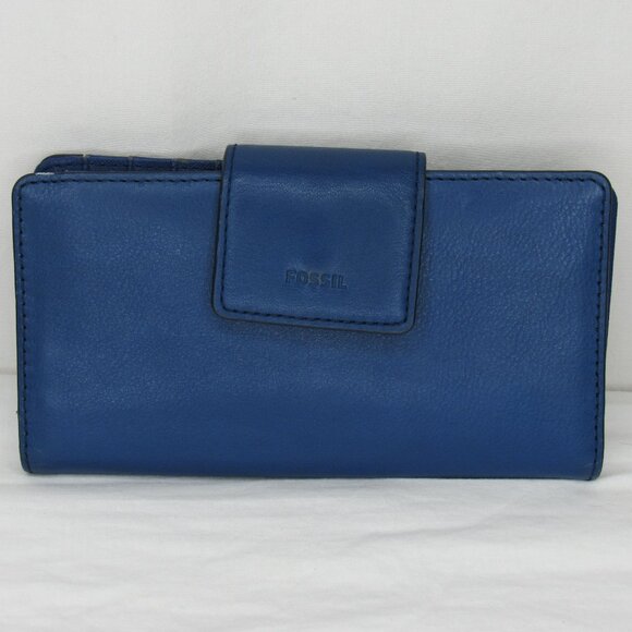 Fossil Blue Leather Clutch Wallet Card - Picture 1 of 7